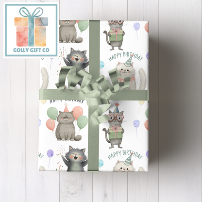 Adorable Birthday Cats with Balloons Wrapping Paper - Gift Wrap for Cat Lovers Birthdays with Cute Cats Saying Happy Birthday - Golly Gift Co