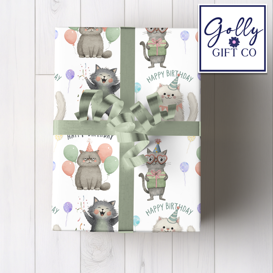 Adorable Birthday Cats with Balloons Wrapping Paper - Gift Wrap for Cat Lovers Birthdays with Cute Cats Saying Happy Birthday