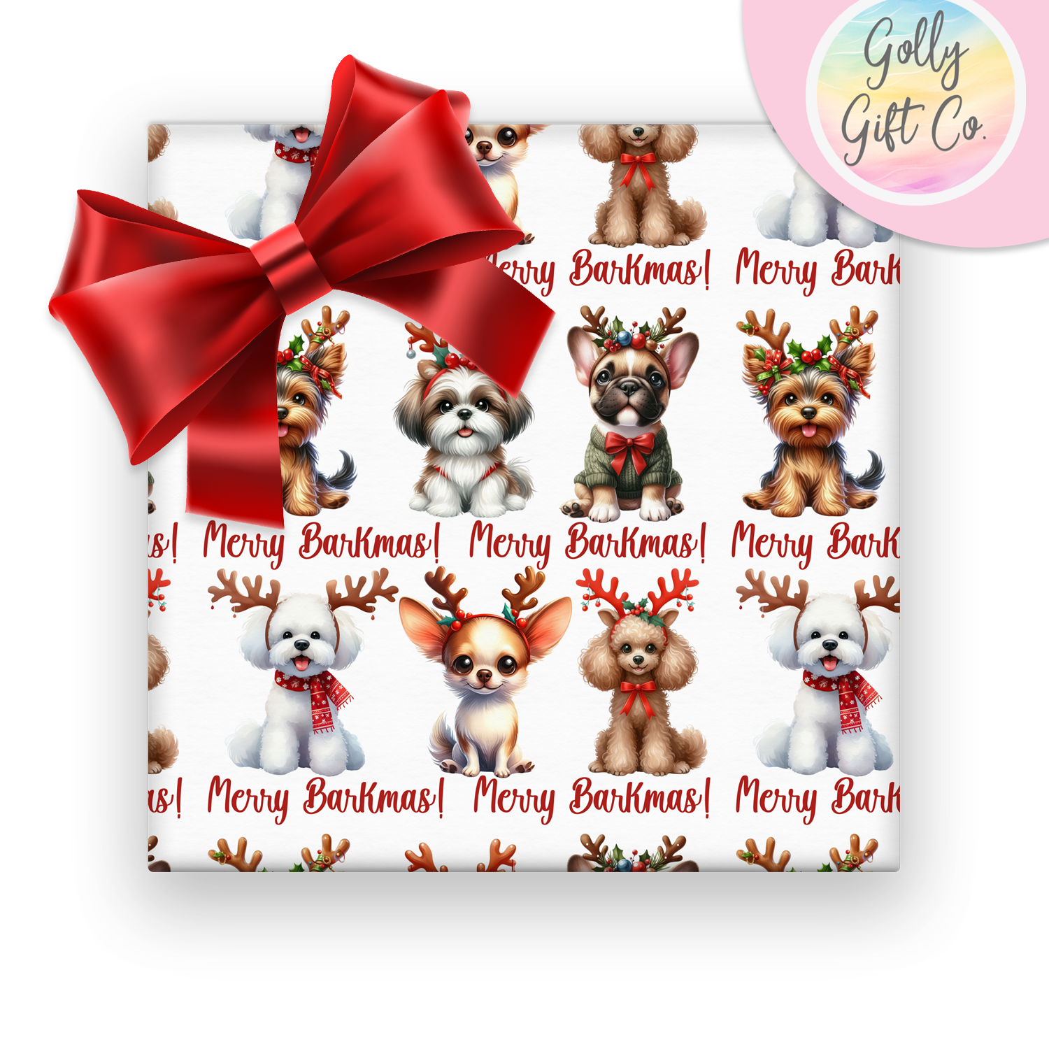 Adorable Christmas Dogs Wrapping Paper - Gift Wrap Dogs with Reindeer Antlers - Merry Barkmas Christmas Wrapping Paper - Christmas for Dogs - Golly Gift Co