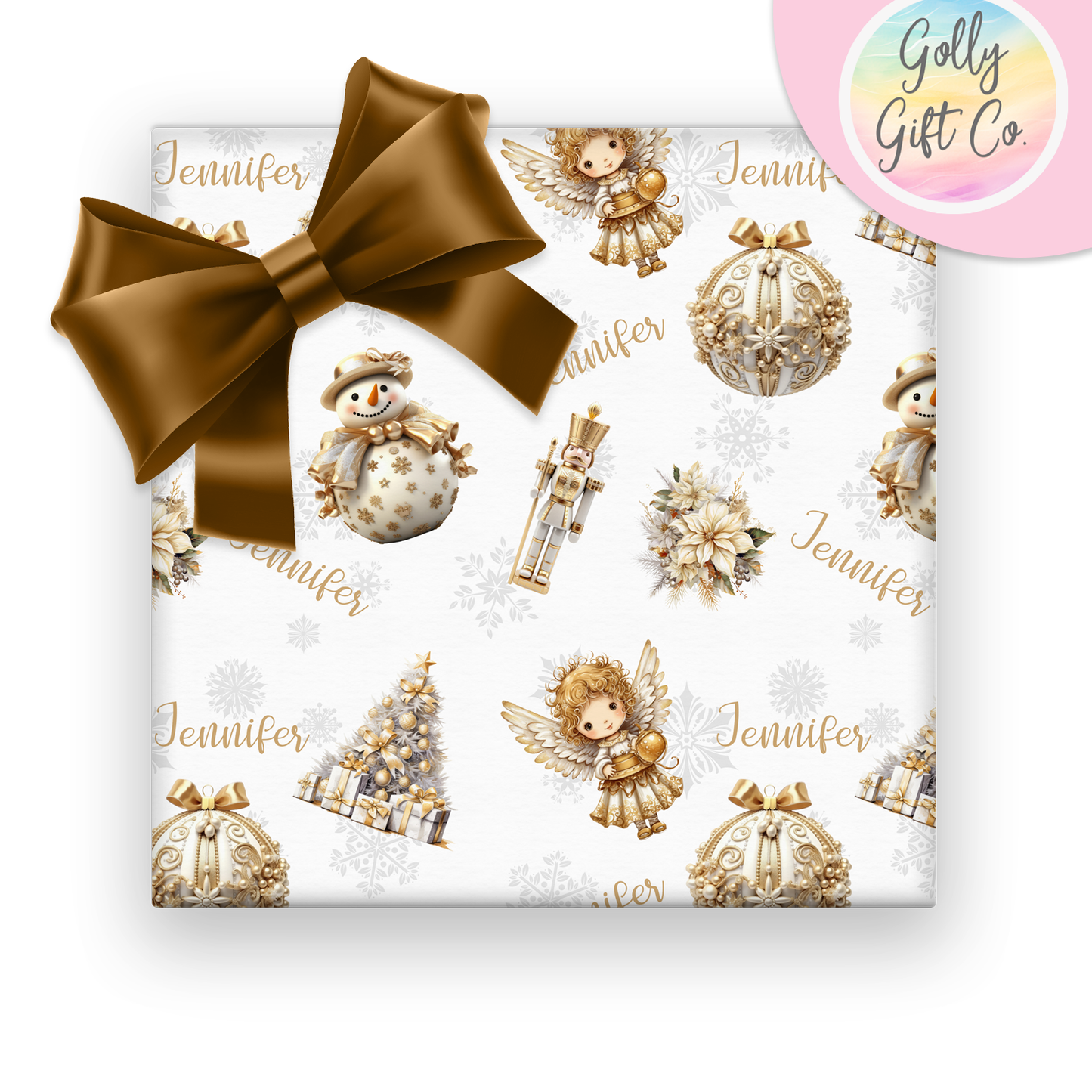 Personalized Gold Christmas Wrapping Paper - Your Name Christmas Gift Wrap in Hues of Silver and Gold - Elegant Christmas Wrapping Paper - Golly Gift Co