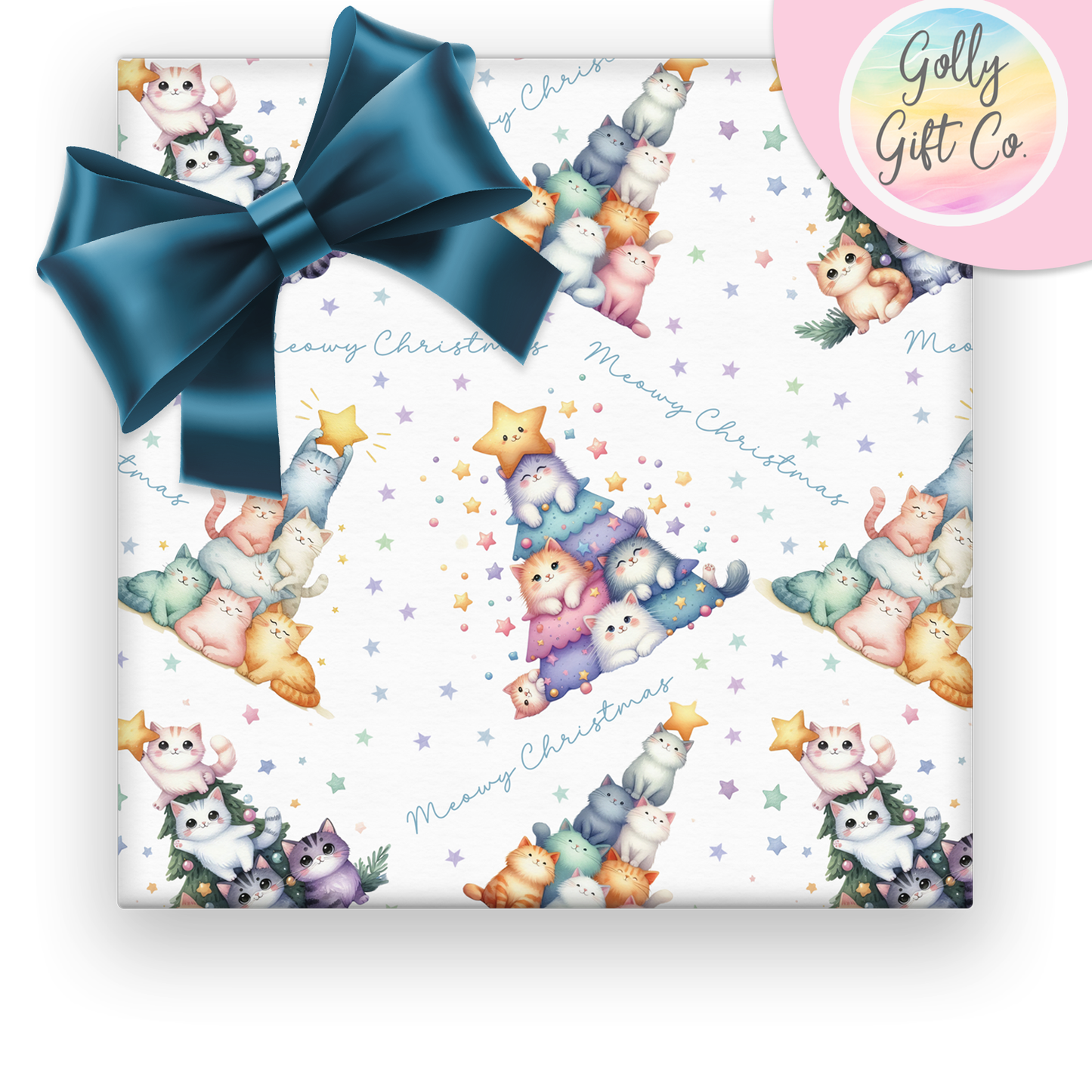 Meowy Christmas Cat Tree Themed Wrapping Paper - Christmas Gift Wrap for Cat Lovers - Golly Gift Co