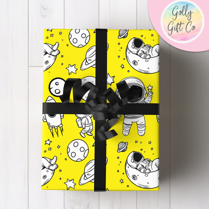 Doodle Space Astronauts Wrapping Paper - Gift Wrap - Any Occasion Gift Wrapping Paper for Space Enthusiasts with Black and White Astronauts