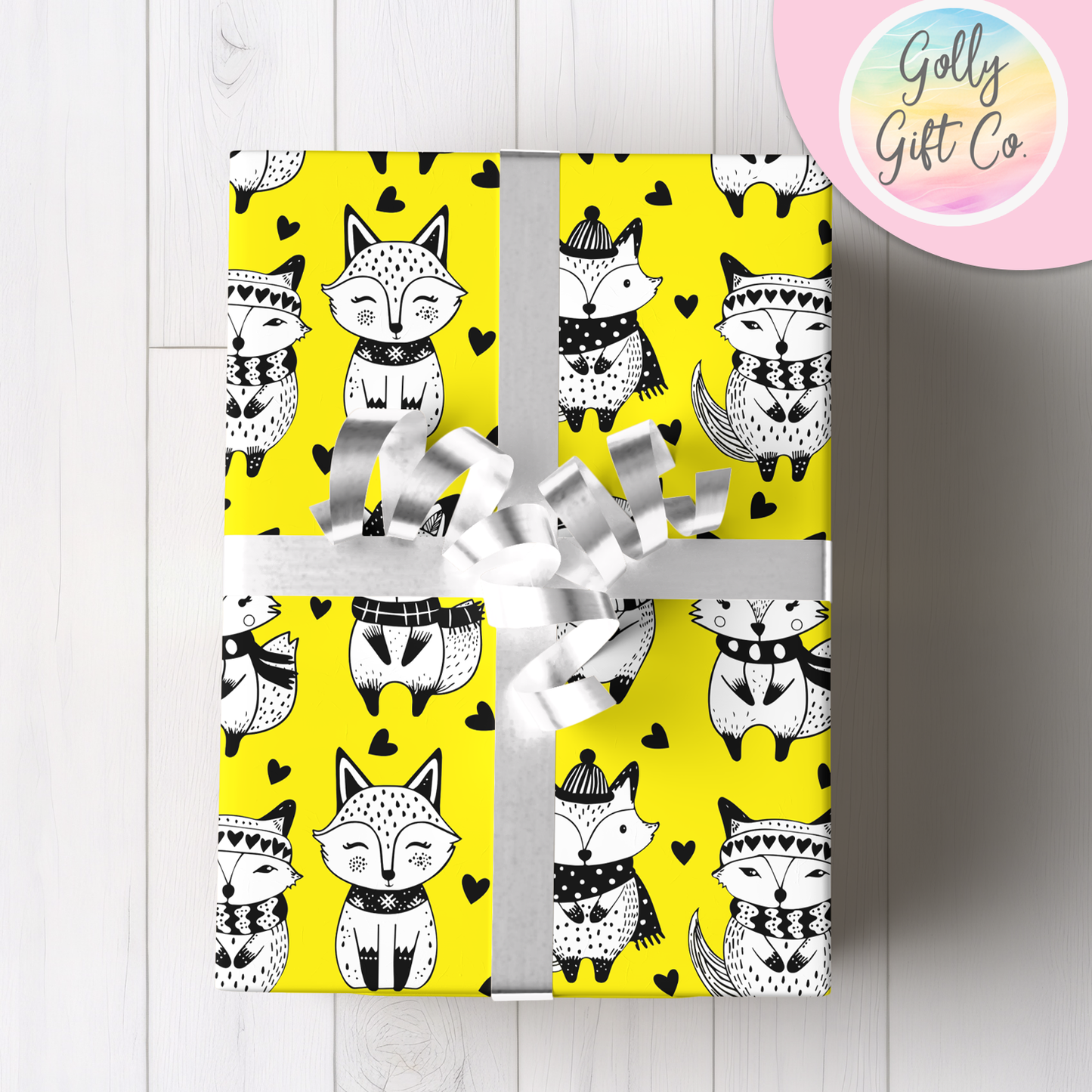 Doodle Fox Wrapping Paper - Gift Wrap - Any Occasion Gift Wrapping Paper With Black and White Doodle Foxes in Winter Clothes and Hearts