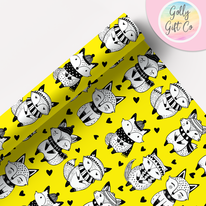 Doodle Fox Wrapping Paper - Gift Wrap - Any Occasion Gift Wrapping Paper With Black and White Doodle Foxes in Winter Clothes and Hearts